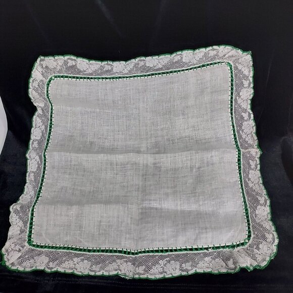 Handmade Accessories - Antique Vintage 1920 Green White Wedding Handkerchief Handmade French Lace